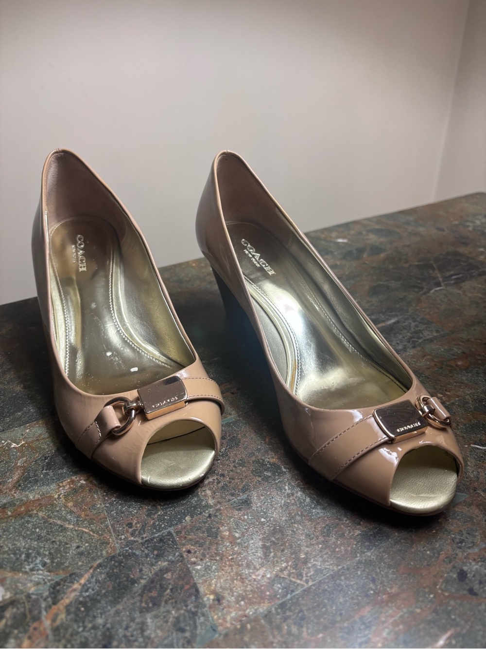 COACH Women's Nude Patent Leather Peep-Toe Wedges Size 7